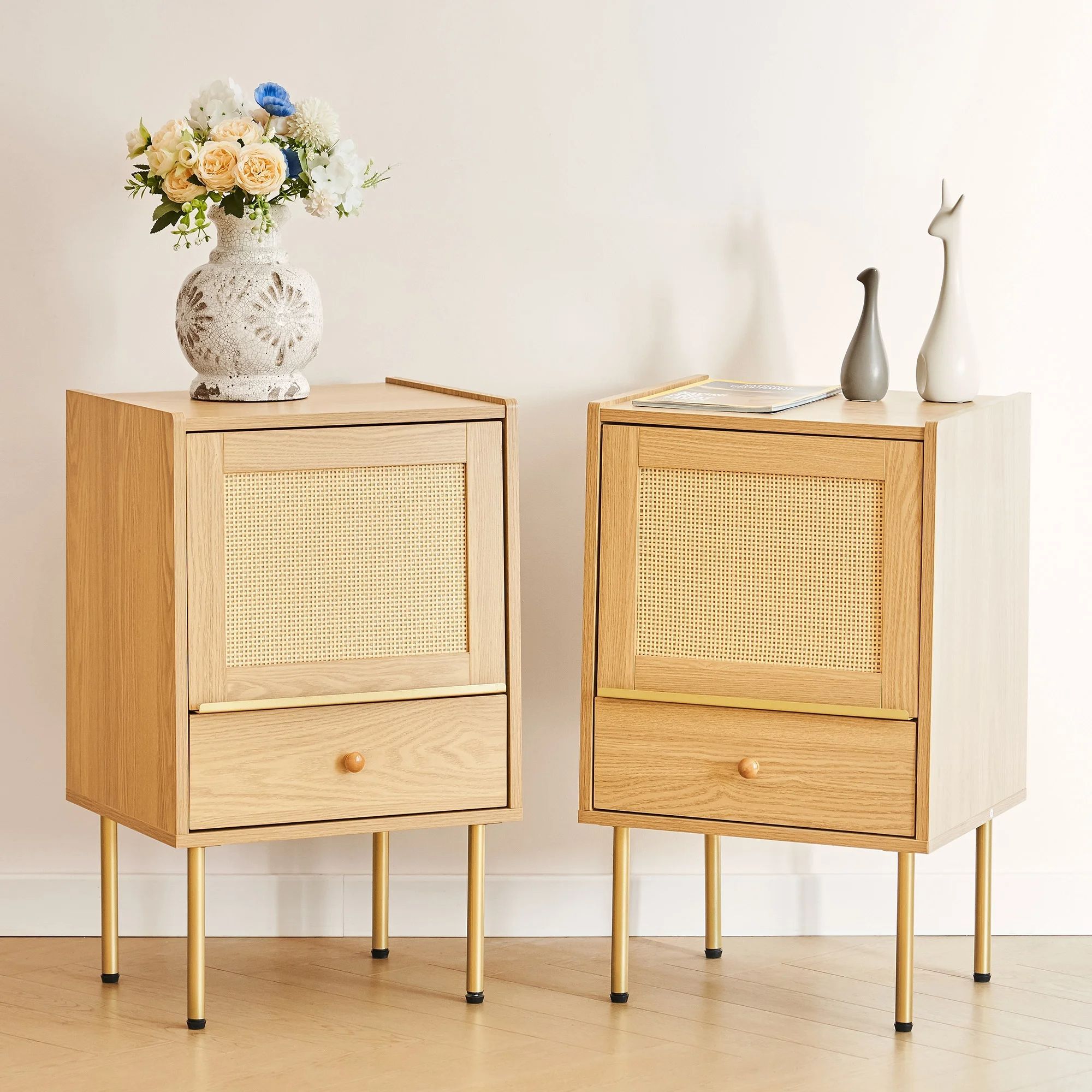 Bestco Rattan Nightstand, Boho End Table with Handmade Rattan Decorated Door, Wood Bedside Table with Storage Drawer Shelf & Metal Legs for Living Roo