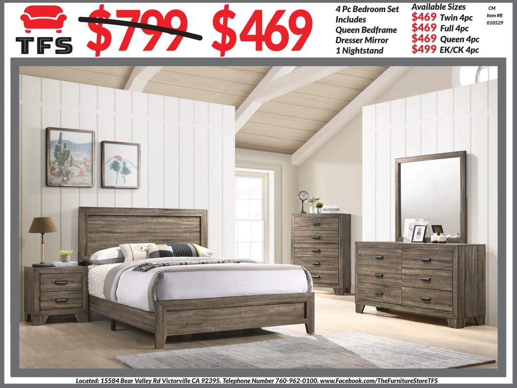 4pc Bedroom Set $469 Queen $499 Eastern King Includes Bedframe Dresser mirror nightstand Rustic Bedroom Set