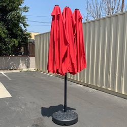 (New) $130 Large 15x9 FT Double Sided Umbrella with Weight Base set (Red/Gray color)