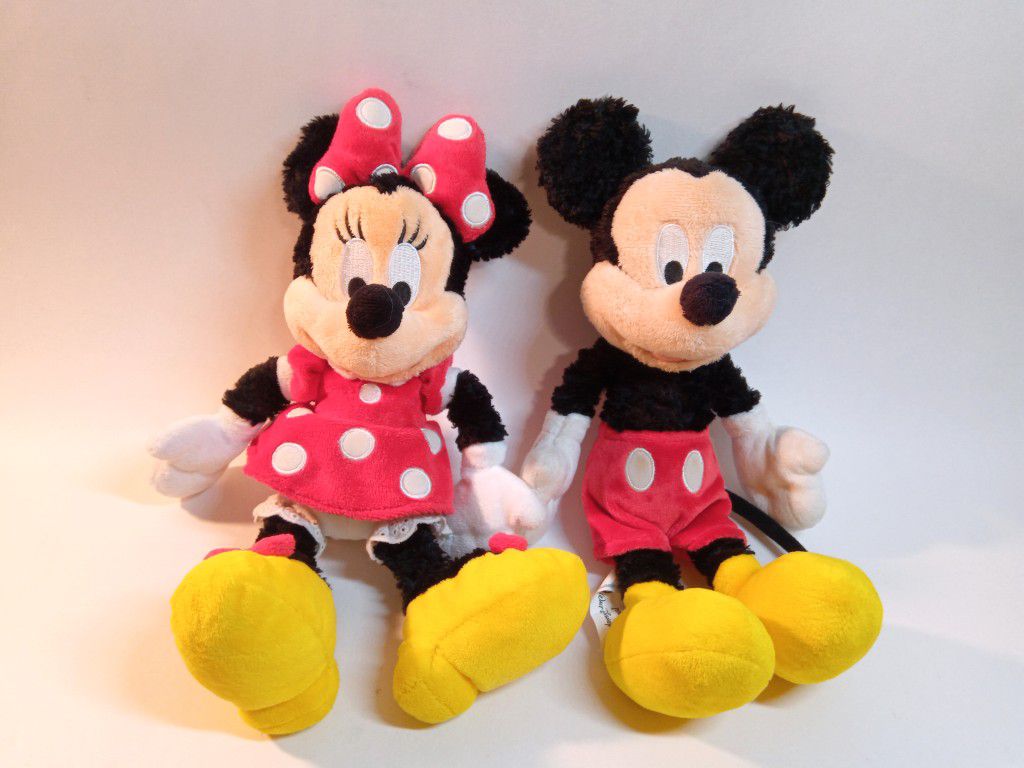 Walt Disney World Mickey Mouse And Minnie Mouse 12" Plush Toys Dolls Curly Fur