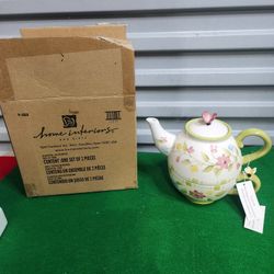 VINTAGE NEW Home Interior 3-pc Teapot  & Cup Floral  Butterfly Garden Set