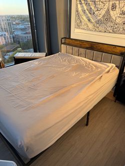 Industrial Metal Bed Frame with Upholstered Headboard