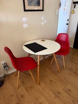Mid-Century Modern Style Dining Set with Round Table and 2 Red Chairs