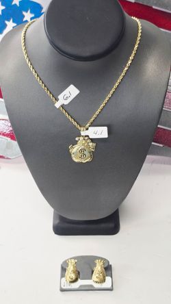 10k 24inch 3mm Hollow Rope Chain And 10k Pendant With 10k Earrings