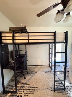 FULL SIZE LOFT BED with SHELVES, CORK BOARD and DESK!