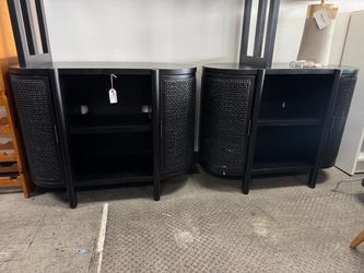Set of 2 Black Woven Rattan Cabinet Nightstands