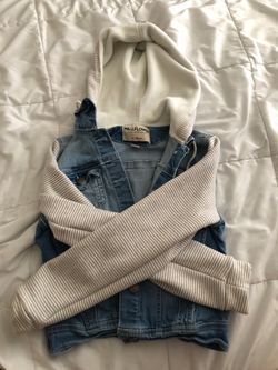 denim jacket with attached long sleeve and hoodie