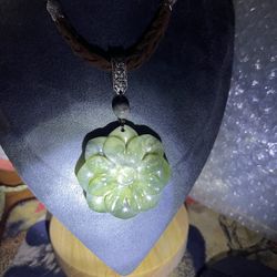 Burma Lime Jade flower Pendant on sueded necklace