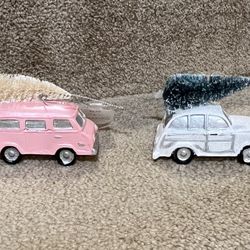 Wondershop Christmas ornament set of 2 Pink Van & White Car w/ tree on top