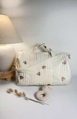 Cozy Quilted Organiser Diaper Baby Bag with Bear Pattern, Large Capacity Travel Tote, Cream