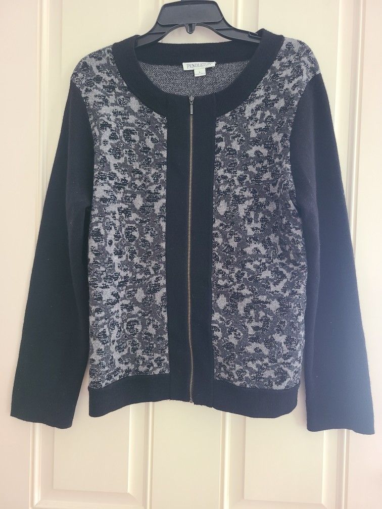 Pendleton Merino lambs Wool Sweater Womens (L) Full Zip Black Gray Silver metallic #29685 cardigan
