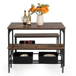 Homy Casa LOMANER 3-Piece Dining Table Set with 2 Benches, Rustic Brown
