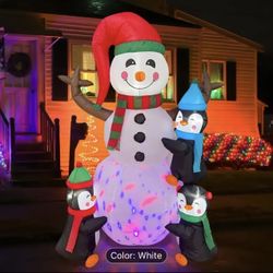 6FT Inflatable Christmas Snowman with Rotating LED Color Lights and Three Penguins - Durable Polyester Outdoor Yard Decoration, 110V/220V Power Supply