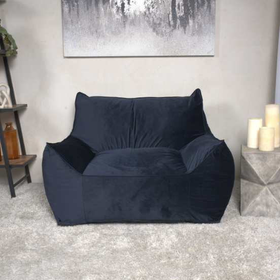 Plano Modern Velveteen Upholstered Bean Bag Chair with Armrests Midnight Blue