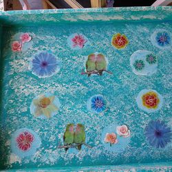 Blue Servimg Tray With Birds And Florals