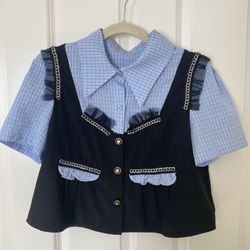 Women Navy Two in One Piece Blazer Blouse Shirt Cute Top Size L