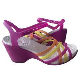 WOMENS Multicolored CROCS PINK,YELLOW,ORANGE STRAPPY WEDGE SHOES SANDALS SIZE 9
