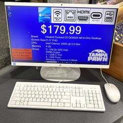 Hewlett Packard 22-DG0024 21.5” FHD All-in-One Desktop Computer Windows 11 Home in S Mode Intel Celeron J4025 @ 2.0 Ghz, 4 Gb, 128 Gb S TPW014034
