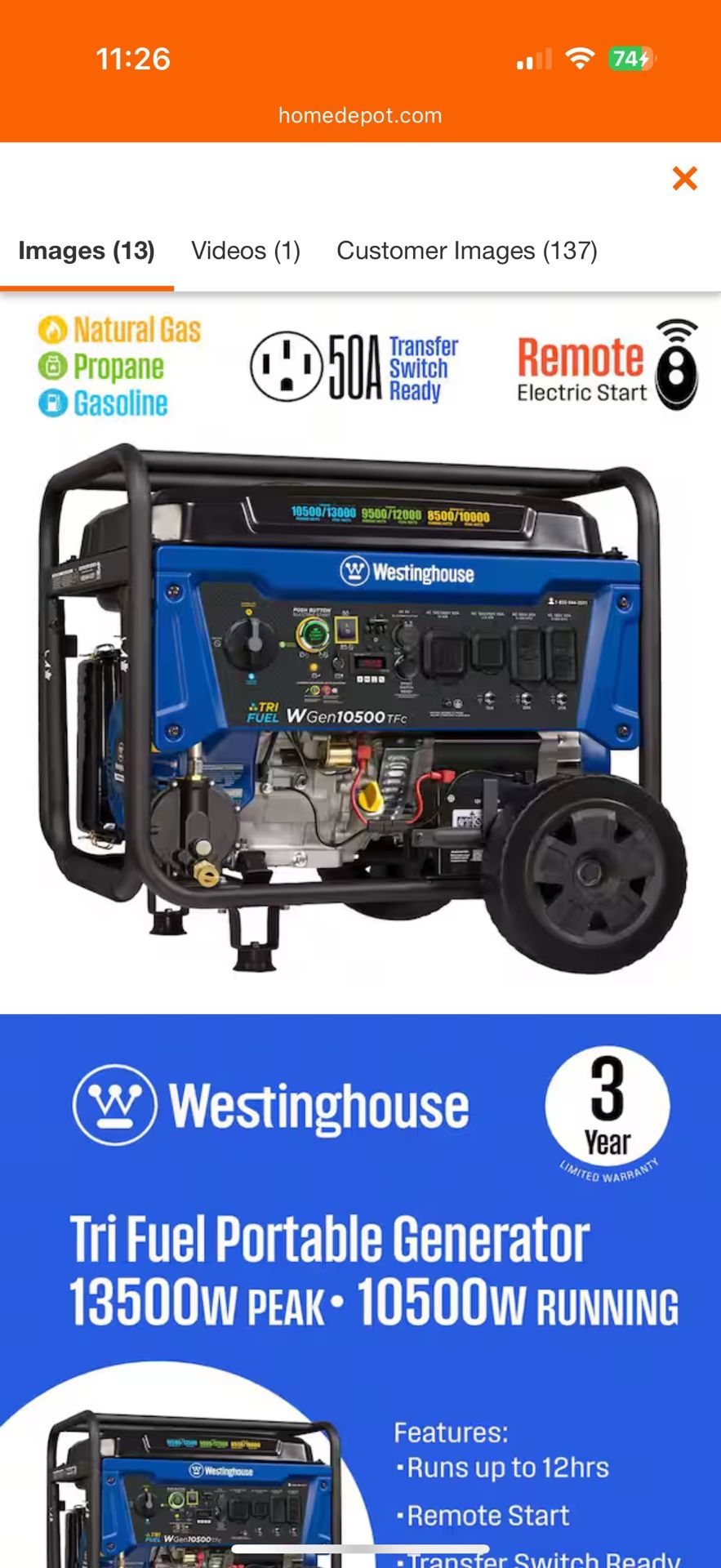 10,500 Westinghouse Tri Generator