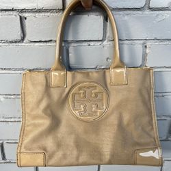 Tory Burch Canvas Tote Bag – Beige with Patent Leather Trim – Classic Logo