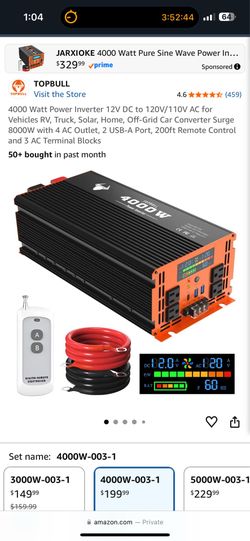 4000 Watt Power Inverter 12V DC to 120V/110V AC for Vehicles RV, Truck, Solar, Home, Off-Grid Car Converter Surge 8000W with 4 AC Outlet, 2 USB-A Port