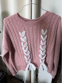Francesca's Collections Dusty Pink Cable Knit Sweater with White Lace L New