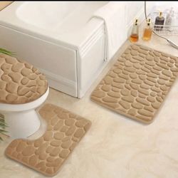 Pebble Shaped Anti-Slip & Waterproof Bath Mat Set (Toilet Lid Cover, Pedestal Mat, Bath Mat) - 3pcs/Set