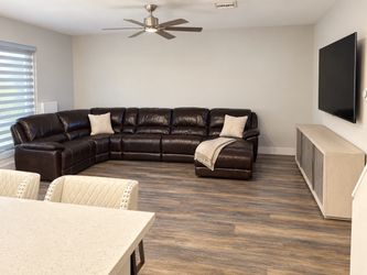 Large Dark Brown Leather Sectional Sofa with Chaise