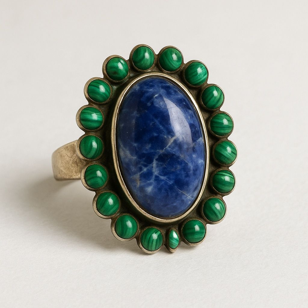 Vintage Sterling Silver 925 Ring β Blue Sodalite & Green Malachite Gemstones ππ Boho Statement Jewelry