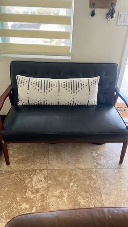 Mid-Century Modern Black Leather Loveseat Bench