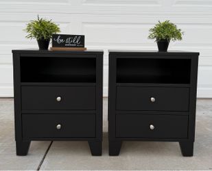 (2) Beautiful Black 2-Drawer + Open Storage Shelf Night Stands