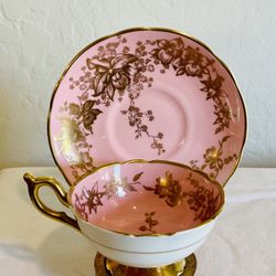 Vintage Coalport Teacup Saucer Pink Gold Banded Orchid England Excellent Bone China