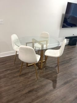Elegant wide round dining set glass and gold