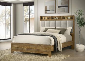 Queen Size Bookcase Panel Bed Medium Oak