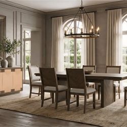 Dining Set 7 Pc Dark Walnut Finish, Fabric. New Especial Price 