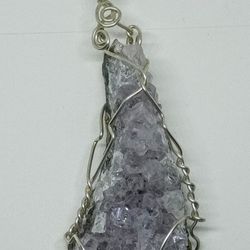 Natural Amethyst Druzy Crystals wrapped in Sterling Silver wire Pendant 