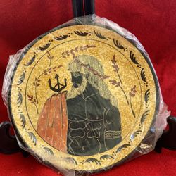 6.75 Inch Handmade Hand Painted Hand Etched Greek Ceramic Wall Hanging Plate Imported From Greece (Stand Not Included) 