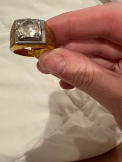 Men's Two-Tone, 18KT HGE, Signet/Statement Ring W/ Clear Stone - Size 10-10.5