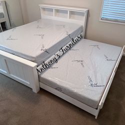 White Full Bed With Trundle And Mattresses 