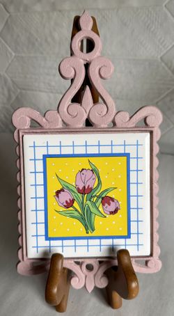 Vintage Painted Pink Cast Iron Ceramic Tulip Tile Trivet 