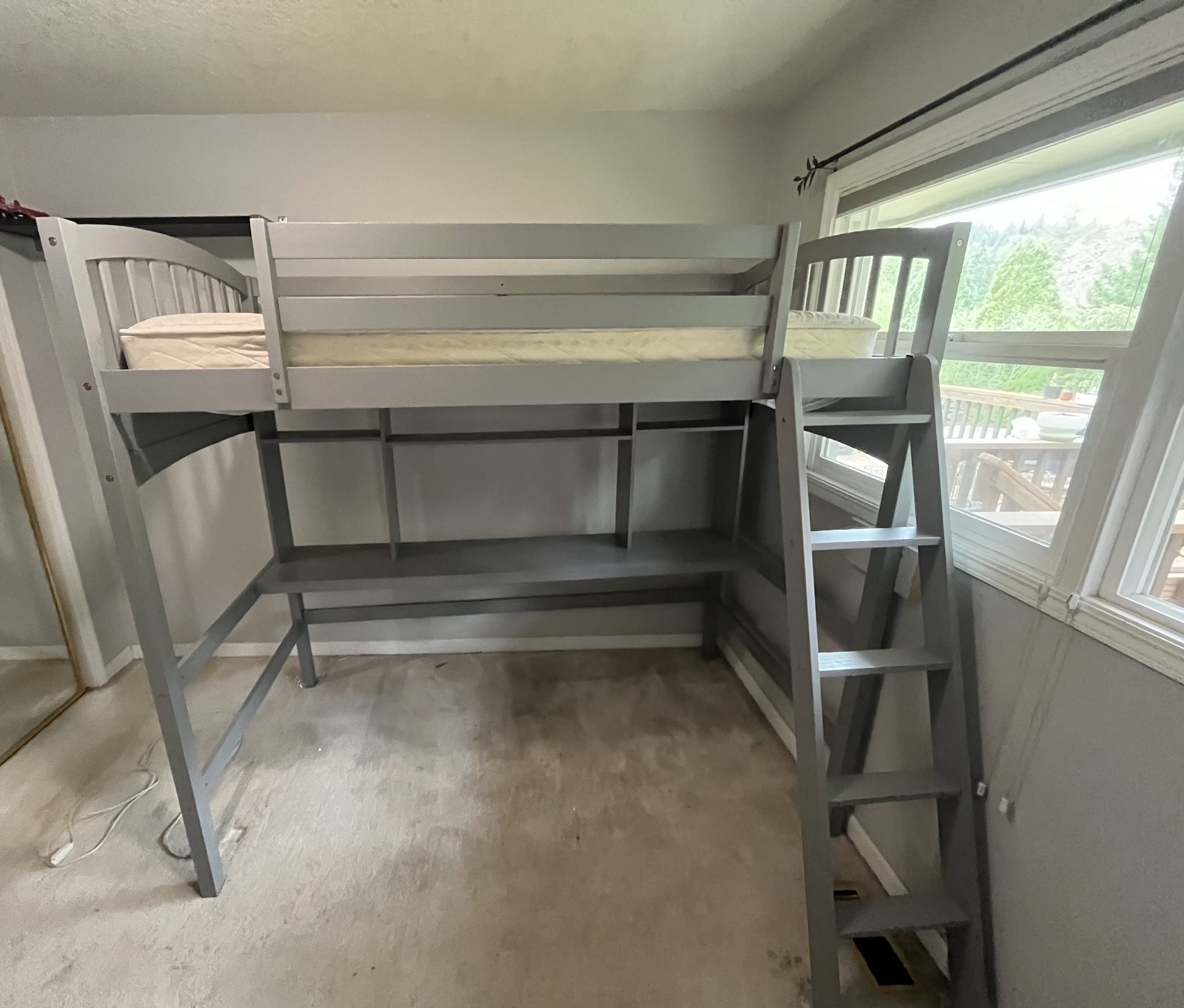 Twin Gray Loft Bed With Desk and Small Shelves