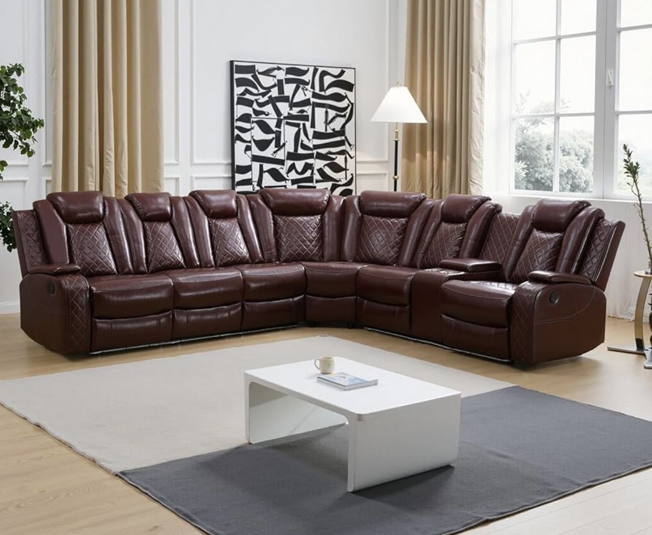 Power Electric Brown Leather Fully Reclining Wrap Around Sectional Couch 