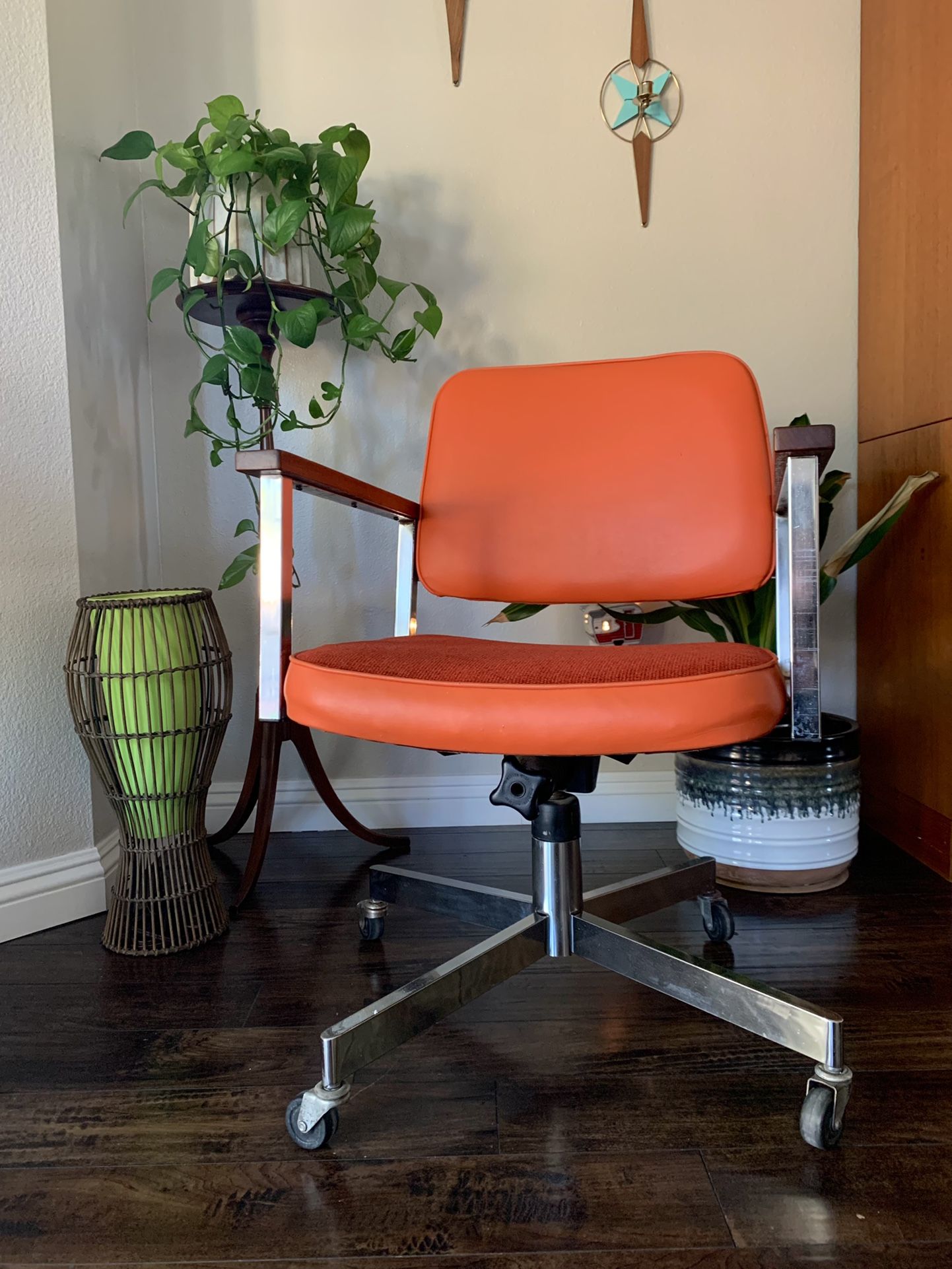Mid Century Orange Leather Desk Chair