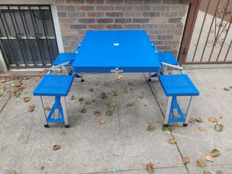 NEW Blue Folding Picnic Table with 4 seats chairs and umbrella hold