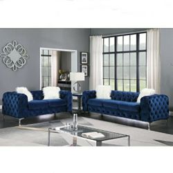 Stunning Blue Velvet All Around Tufting Sofa Loveseat Set With Chrome Legs White Fur Pillows Included Brand New In Box Firm Price $1,250 Financing Ava