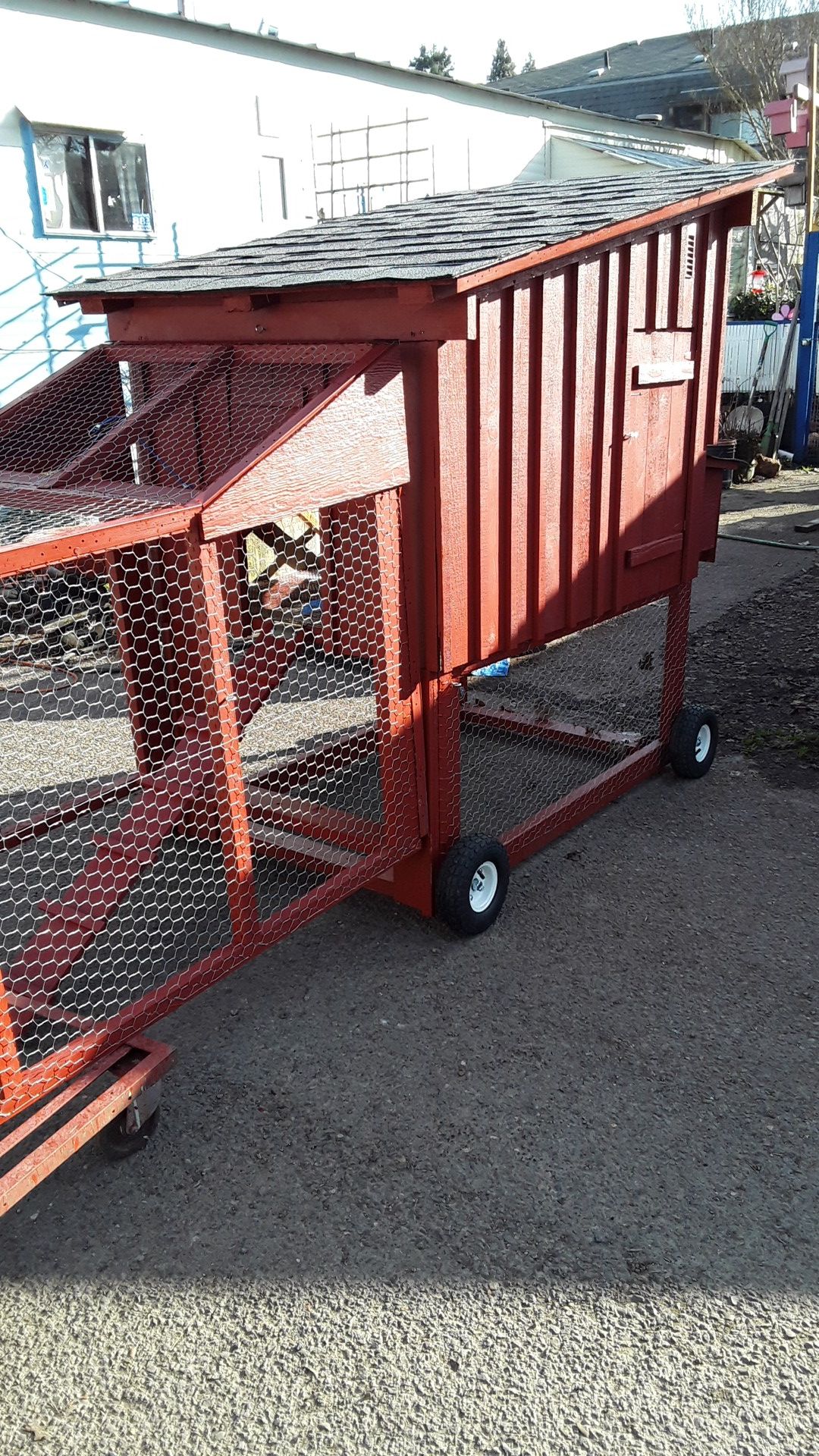Chicken coop and run. Barn red