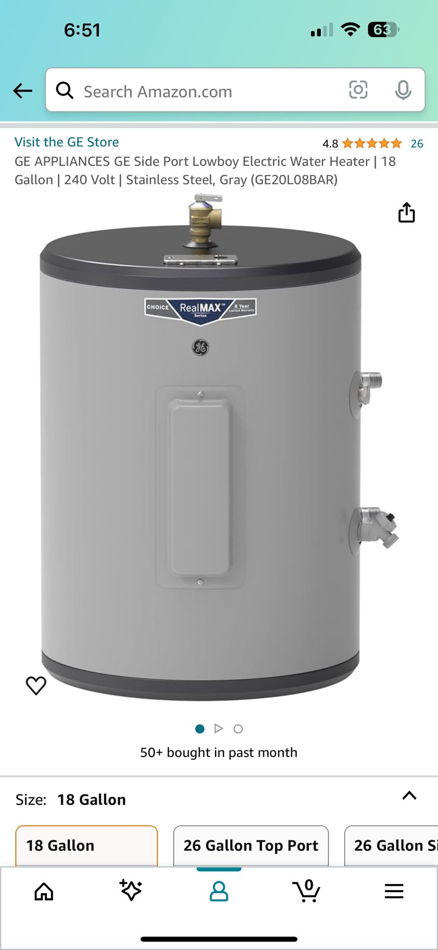 GE APPLIANCES GE Side Port Lowboy Electric Water Heater | 18 Gallon | 240 Volt | Stainless Steel, Gray (GE20L08BAR)