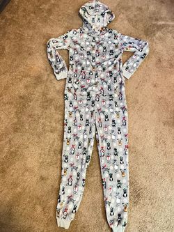 Gray fleece holiday one-piece hooded pajama jumpsuit featuring an all-over Christmas dog print