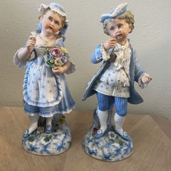  Vintage Ceramic Porcelain Figurines - Germanesque- Girl & Boy Blue Tones 11 Inch