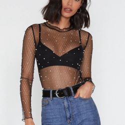 Pearl Detail Long Sleeve Mesh Visitar Bodysuit